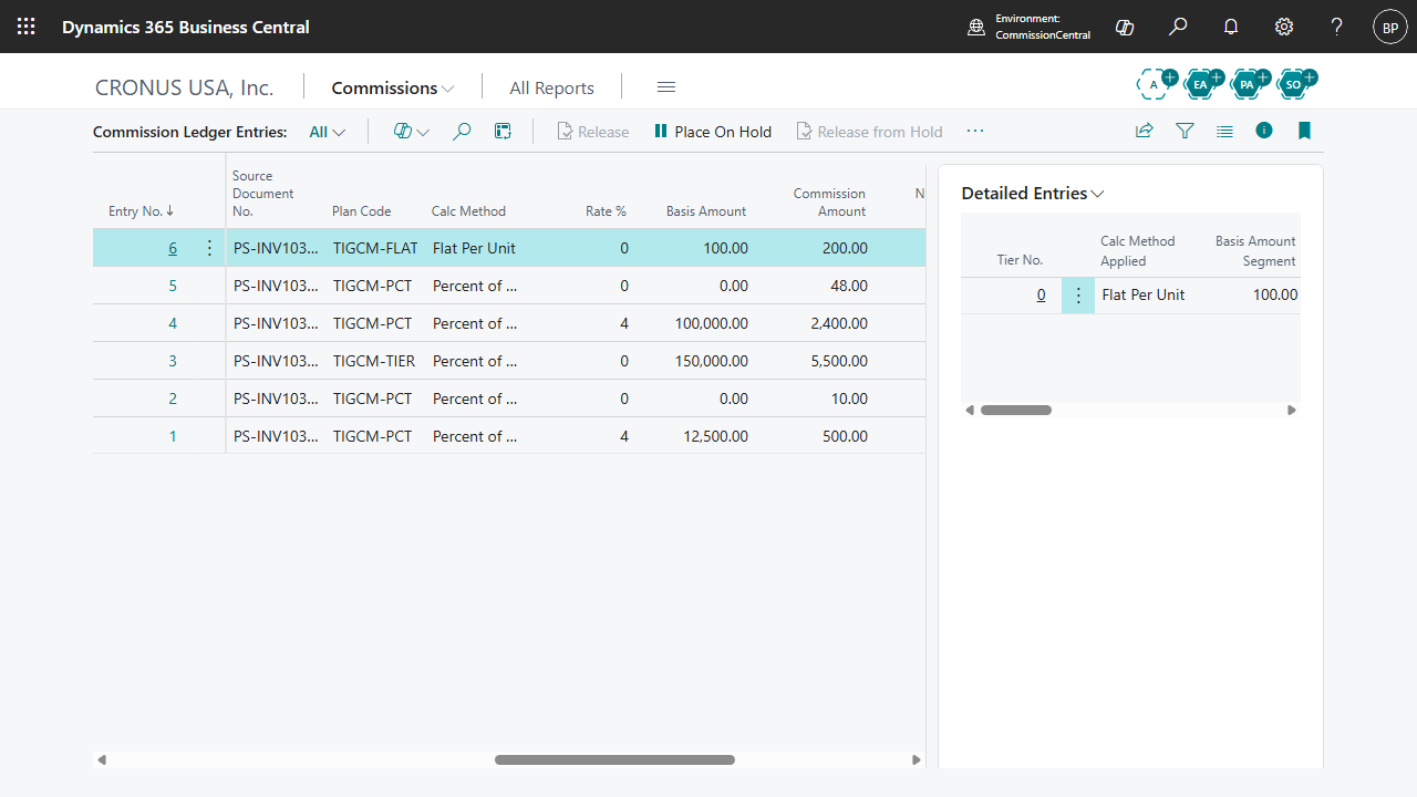Commission ledger entries in Business Central, each row carrying the calculation method, rate, basis amount, and resulting commission.