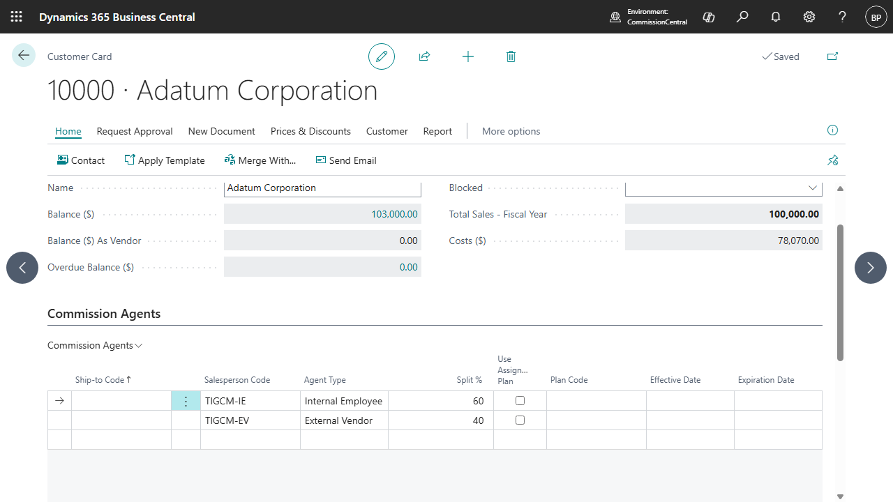 The Adatum Corporation customer card in Business Central, its Commission Agents section splitting commission 60 percent to an internal employee and 40 percent to an external vendor.