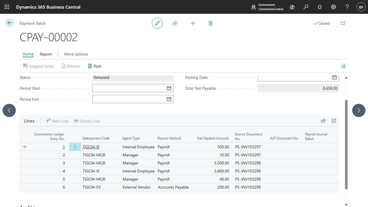A released commission payment batch in Business Central totalling 8,658.00 net payable, its lines routing each agent to either a payroll journal or accounts payable.