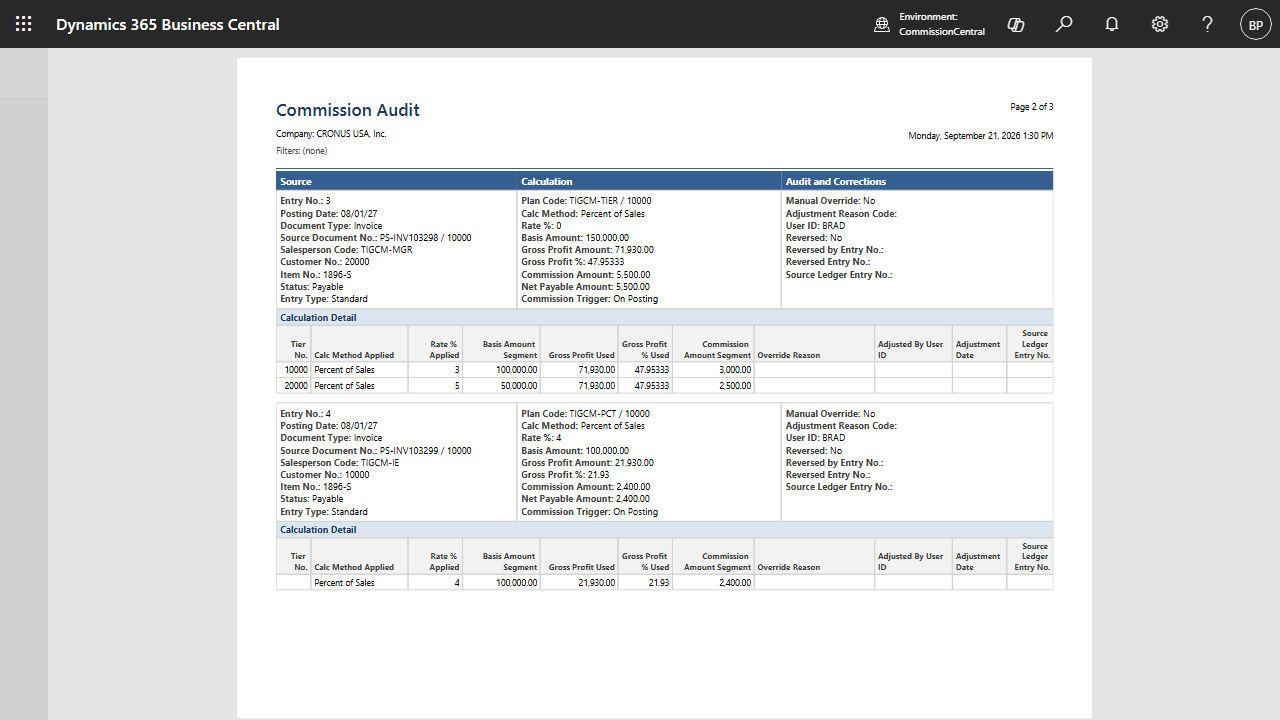 A page of the Commission Audit report, pairing each ledger entry's source document and calculation with an audit and corrections column recording manual overrides and reversals.