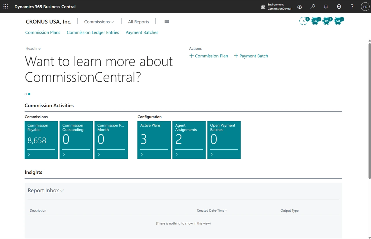 The CommissionCentral role centre in Business Central, with commission payable, outstanding, and paid-this-month tiles beside counts of active plans, agent assignments, and open payment batches.
