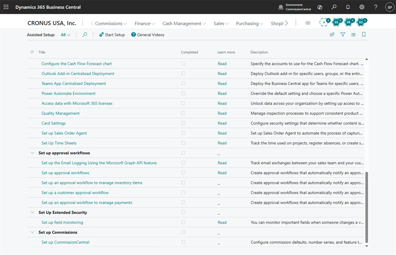 Set up CommissionCentral in the Assisted Setup list