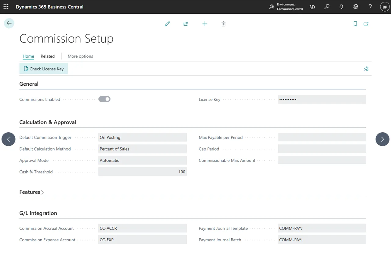 License Key field and Check License Key action on the Commission Setup card