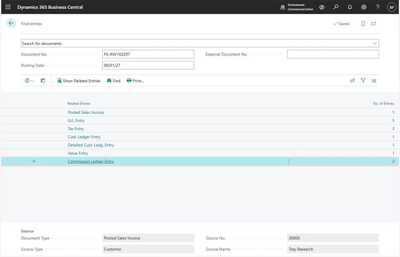 Find entries on a posted document showing the Commission Ledger Entries row