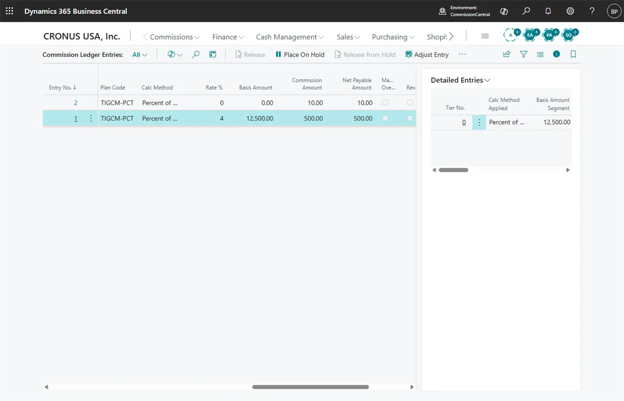Commission Ledger Entries with the status and audit actions